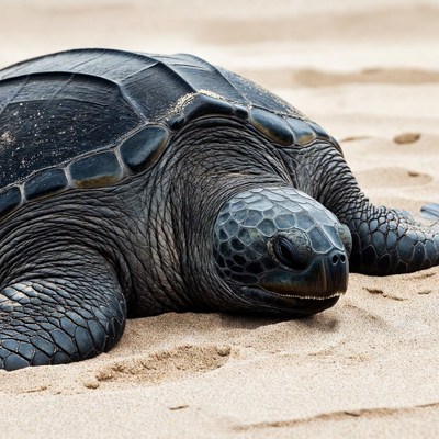 Black sea turtle on beach