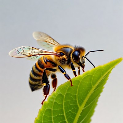 Honey Bee on Green Leaf