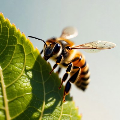 Honey Bee on Green Leaf