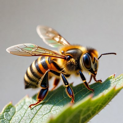 Honey Bee on Green Leaf