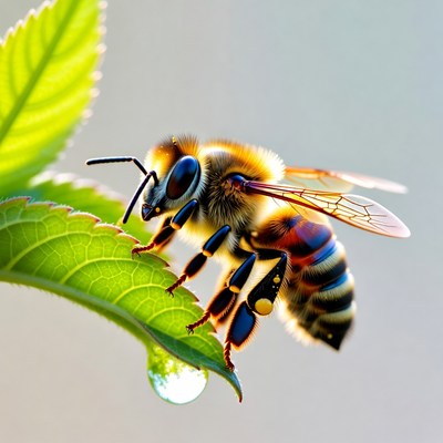 Bee on green leaf with water droplet