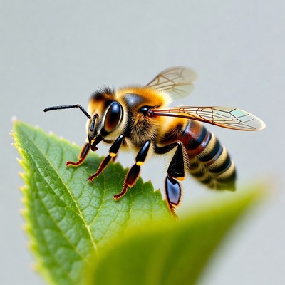 Honey Bee on Green Leaf