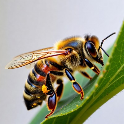 Honey Bee on Green Leaf