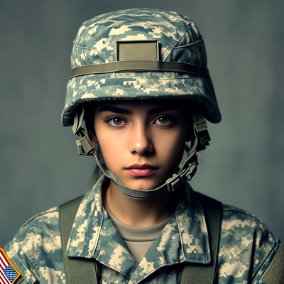 Young woman in camouflage helmet