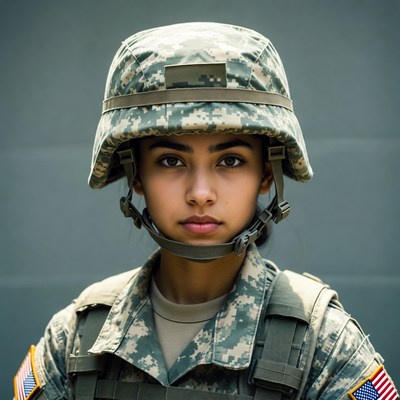 Young woman in camouflage helmet