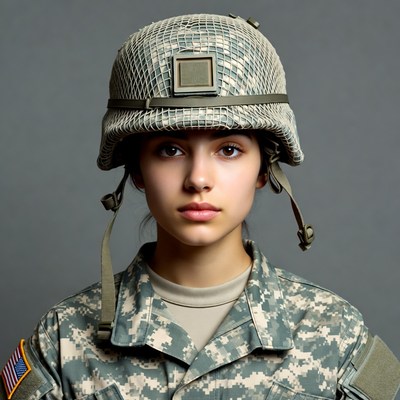Young woman in camouflage helmet