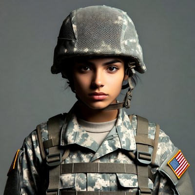 Young woman in camouflage helmet