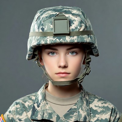 Young woman in camouflage helmet