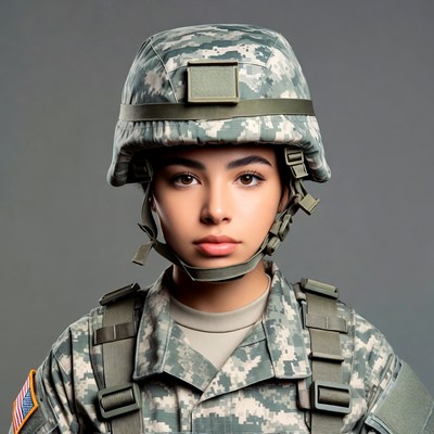 Latina woman in camouflage helmet