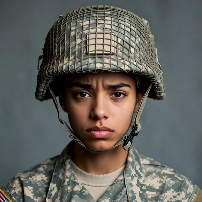 Young woman in military helmet