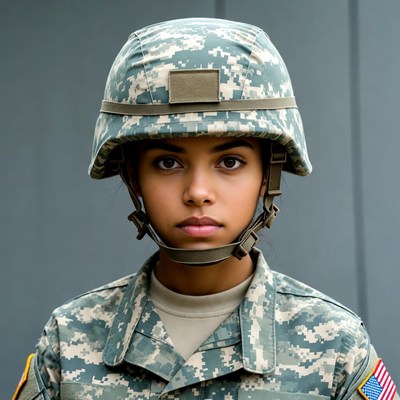 Young woman in camouflage helmet