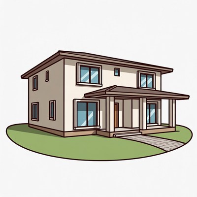 Cartoon House with Porch and Grass