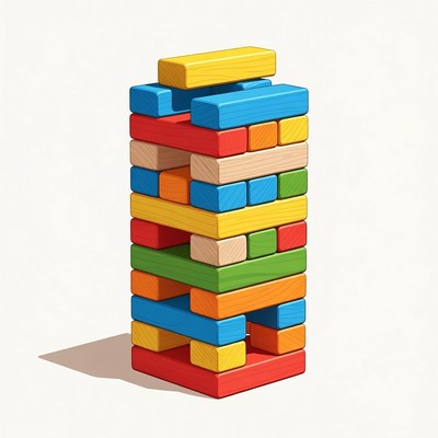 Tall stack of colorful wooden blocks