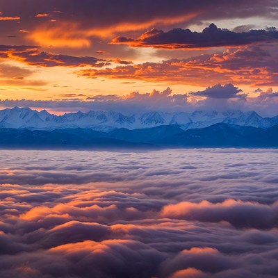 Sunset Over Snowy Mountains and Clouds
