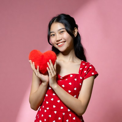 Asian girl holding red heart plush