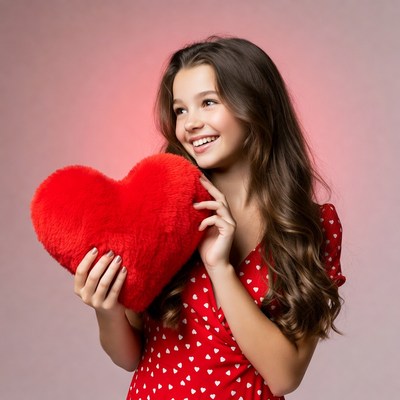 Girl holding red heart pillow