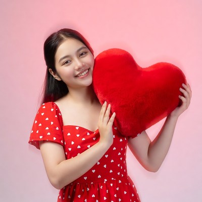 Asian woman hugging red heart pillow