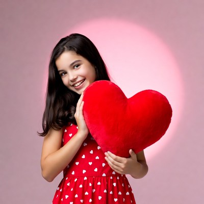 Girl hugging red heart pillow