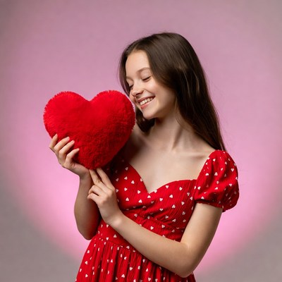 Girl hugging red heart plush