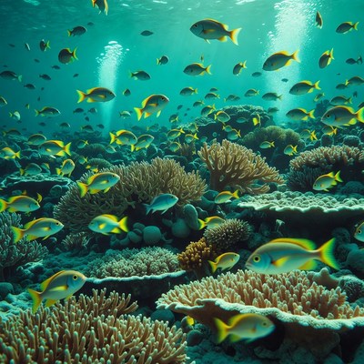 Yellow Tang Fish Swimming Coral Reef