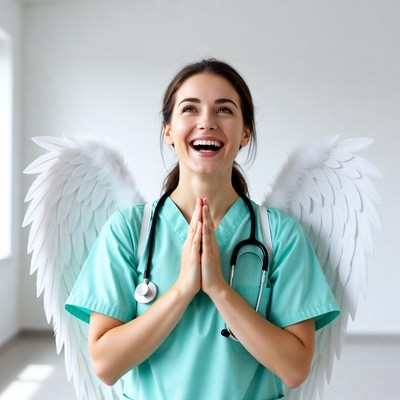 Smiling nurse with angel wings praying