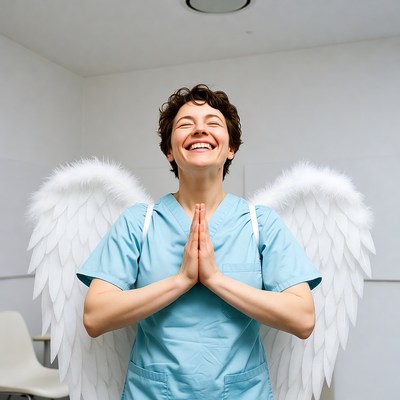 Nurse woman with angel wings praying