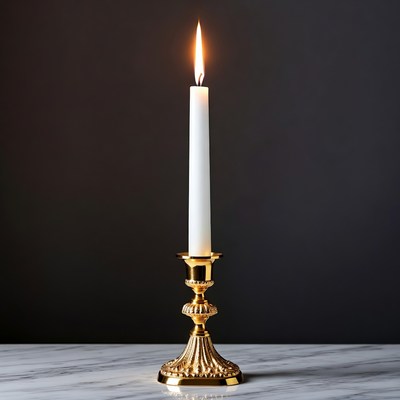 White Candle Burning on Gold Candlestick