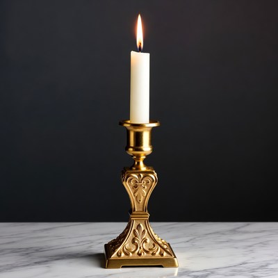 Lit Candle in Gold Candlestick