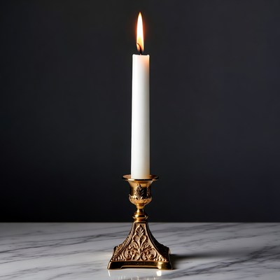 Lit White Candle on Gold Candlestick