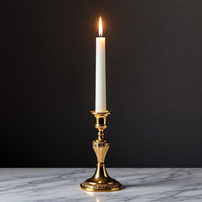 Lit White Candle in Gold Candlestick