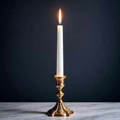Lit White Candle on Gold Candlestick