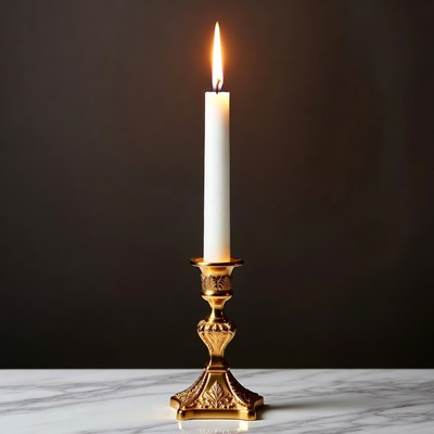 Lit White Candle on Gold Candlestick