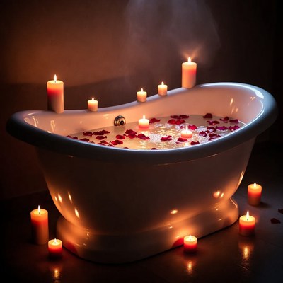Bathtub with rose petals and candles