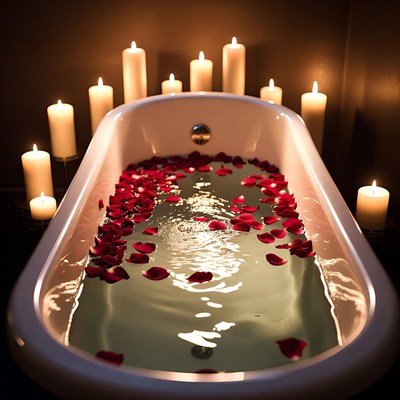 Bathtub Filled with Red Rose Petals