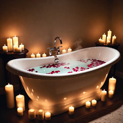 Bathtub Filled with Rose Petals and Candles