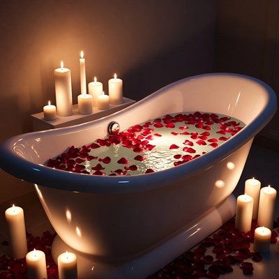 Bathtub Filled with Rose Petals and Candles