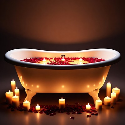 Bathtub Filled with Red Rose Petals and Candles