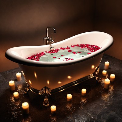 Bathtub Filled with Rose Petals and Candles