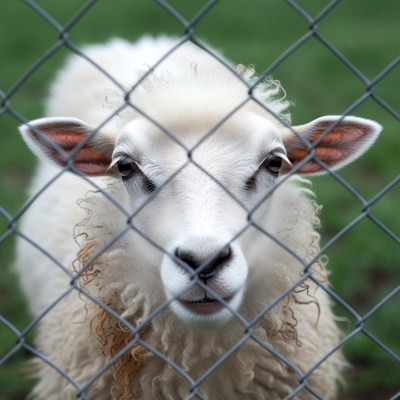 White sheep peering through fence