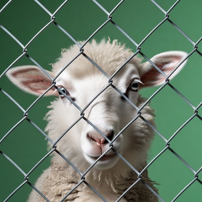 Sheep peering through chain link fence