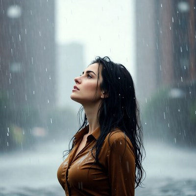 Woman looking up in rain