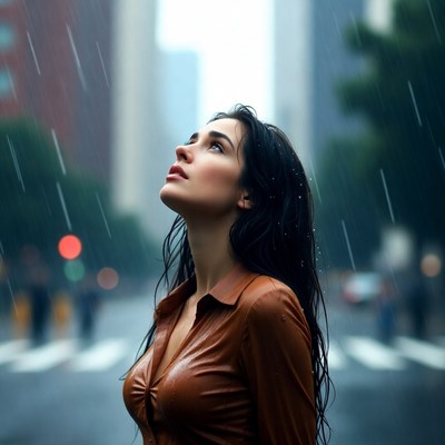 Woman looking up in city rain