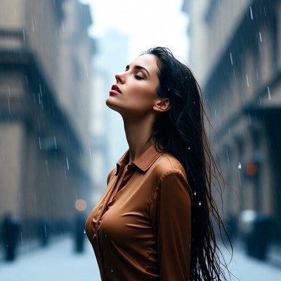 Woman standing in rainy urban street