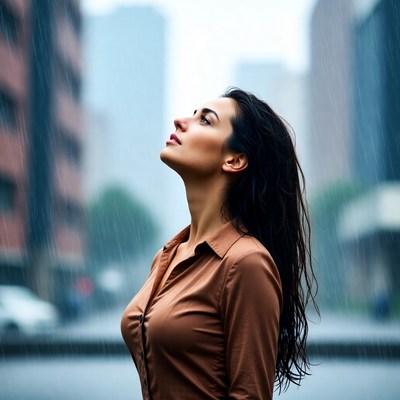 Woman looking up in city rain