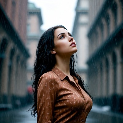 Woman looking up in rainy urban alley