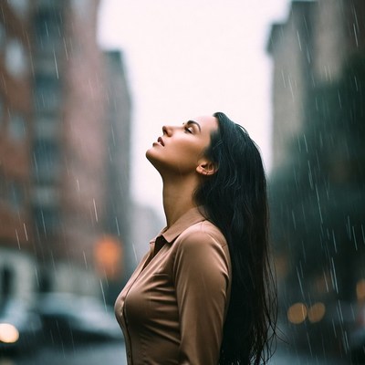 Woman looking up in city rain