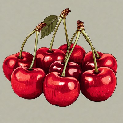 Cluster of Red Cherries with Stems