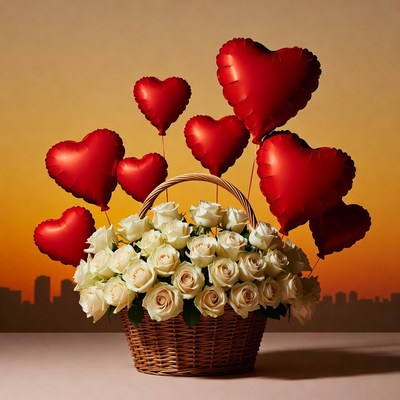 Basket of white roses with red heart balloons