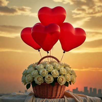 Red Heart Balloons in Wicker Basket with White Roses