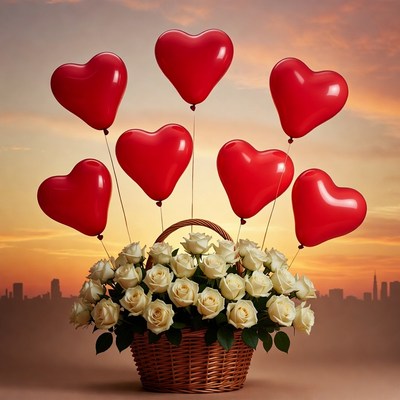 Red Heart Balloons White Roses Basket